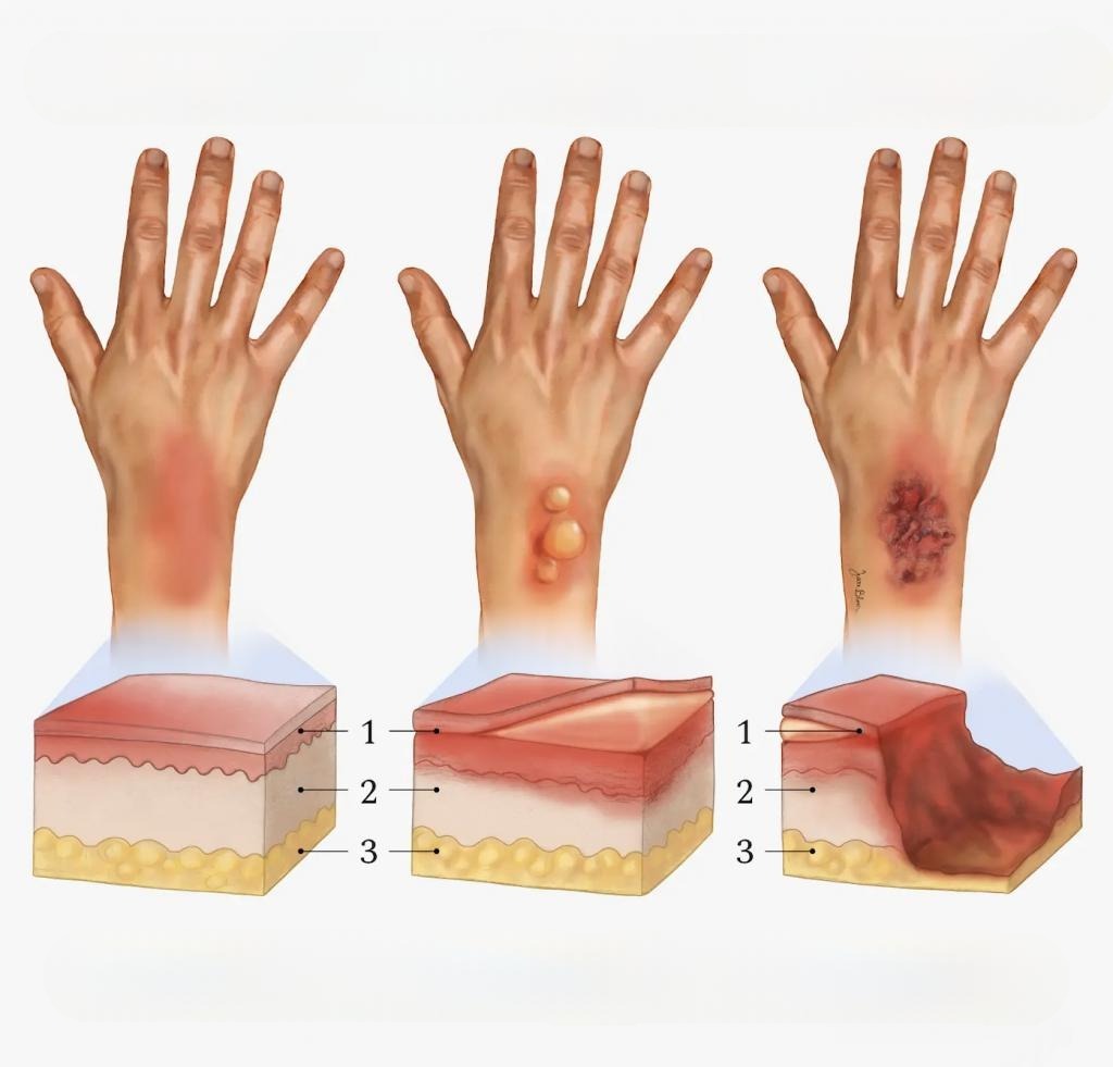 Как выглядят ожоги 1, 2 и 3 степеней